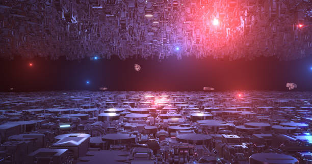 Alien Spaceship Fleet Slowly Moving Forward In Infinite Space 3D Illustration Render