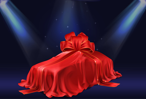 New car presentation, automobile lottery prize, expensive gift 3d realistic vector concept. Passenger car covered red satin, silk veil with ribbon bow, illuminated stage searchlights illustration