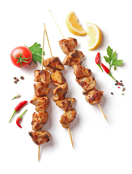 istock Pork shish kebab isolated on white background, top view 1197841140