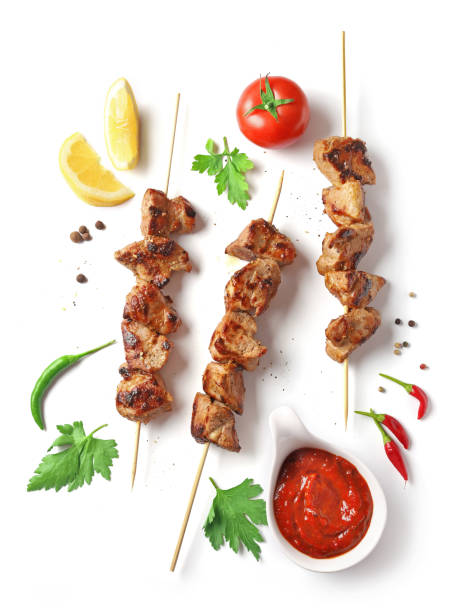 istock Pork shish kebab isolated on white background, top view 1197841145