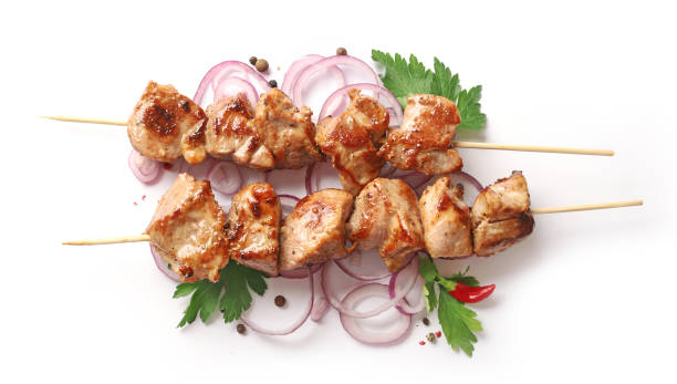 istock Pork shish kebab isolated on white background, top view 1197841230