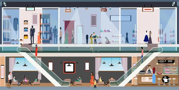 Vector illustration of Vector of a shopping mall with customers buying clothes or relaxing in a bar