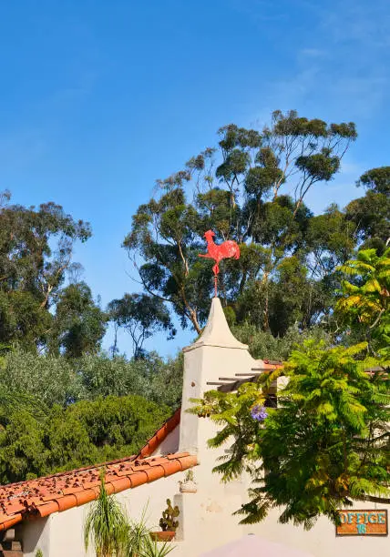 Rooster Windvane on Building Among Trees