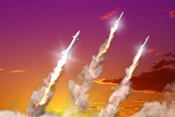 istock Modern strategic rocket forces concept on sunset background, ballistic warhead attack - military 3D Illustration 1197842118