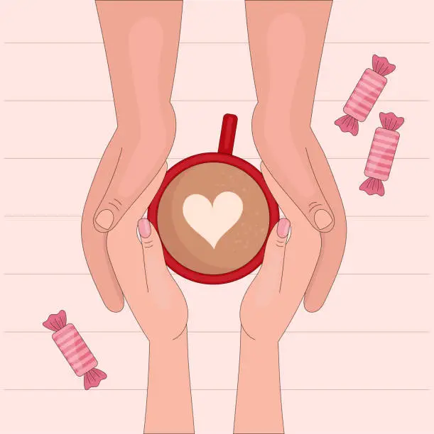 Vector illustration of Hands lover holding a mug of coffee. Valentine's day. Date, love, romance. Linear vector illustration