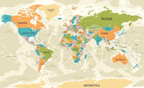 Vintage World Map High detailed World Map with USA, France, Germany and Mexico. Vector Illustration with national borders green map of norway stock illustrations