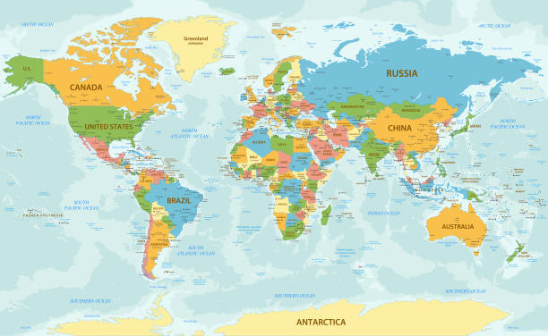 World Map High detailed Vintage World Map with national borders and cities green map of norway stock illustrations