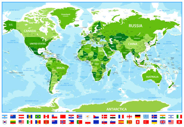 World Map with Most popular Flags, National Borders and Oceans High detailed World Map with Canada, USA, France, Brazil and Spain. Vector Illustration with countries and most popular flags green map of norway stock illustrations