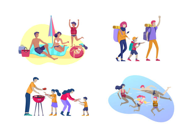 Collection of family activities. Mother, father and children sunbathing, swimming, hiking, traveling, preparing barbecue together. Cartoon vector Collection of family hobby activities. Mother, father and children sunbathing, swimming, hiking, traveling, preparing barbecue together. Cartoon vector illustration family bbq beach stock illustrations