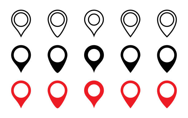 ilustrações de stock, clip art, desenhos animados e ícones de location pins collection. set of map pins different shape and design. tags symbol. red and black pointers gps, isolated on white background. pin vector icons. vector - smile