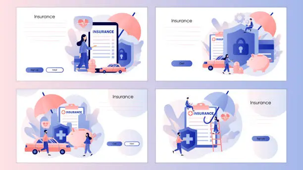 Vector illustration of Insurance concept. Property and health insurance. Screen template for mobile smart phone, landing page, template, ui, web, mobile app, poster, banner, flyer. Modern flat cartoon style. Vector