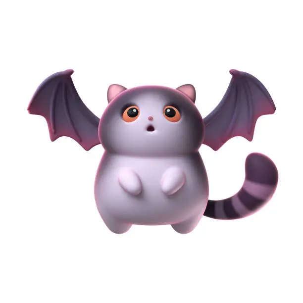 Photo of 3d digital illustration of surprised kawaii cat bat with open mouth and big eyes isolated on white background