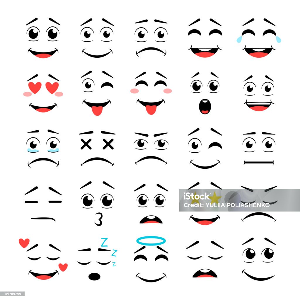 Cartoon Faces Expressive Eyes And Mouth Smiling Crying And Surprised  Character Face Expressions Caricature Comic Emotions Or Emoticon Doodle  Vector Illustration Stock Illustration - Download Image Now - iStock