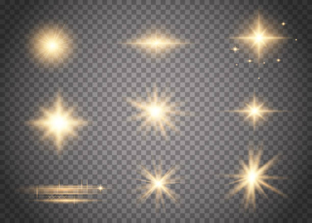 Web Set of glowing light explodes. Abstract special effect element design. Shine ray with lightning, sparkling round. Bright gold flashes and glares. Bright rays of light. gold light flare stock illustrations