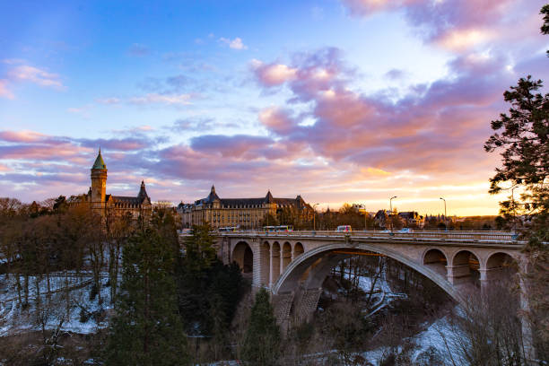 Beautiful Luxembourg cityscape. Sunset and church.