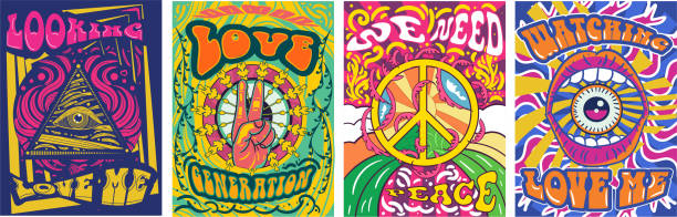 활기찬 다채로운 우리는 평화 디자인이 필요합니다 - 1970s style 이미지 stock illustrations