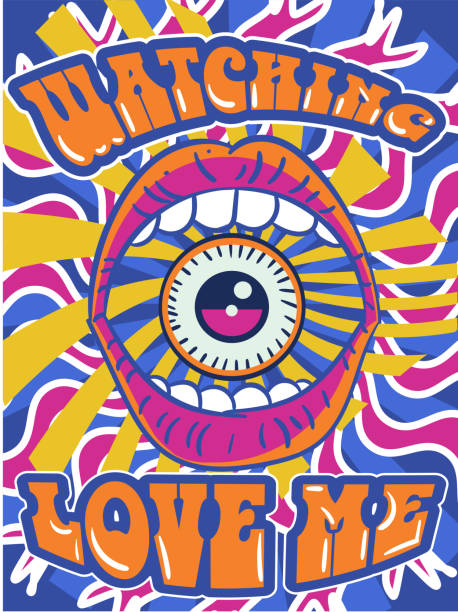 Psychedelic bright Watching Love Me design Psychedelic brightly colored Watching Love Me design with central eye inside an open mouth, orange text and radiating rays of color over blue, vector illustration guitar borders stock illustrations