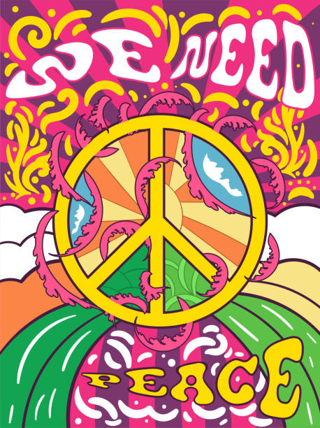 Vibrant colorful We Need Peace design Vibrant colorful We Need Peace design in retro hippie style with peace symbol and text over abstract patterns, vector illustration guitar borders stock illustrations