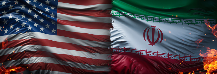 United States of America vs Iran, Iranian  flags placed side by side.   flame flags of America and Iran, Iranian.
