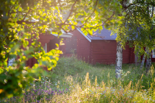 Orange-white norwegian country family house with green yard.