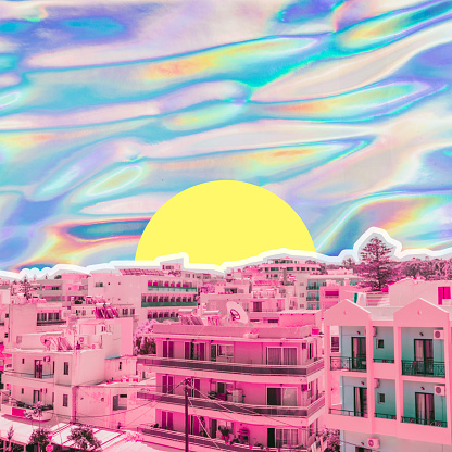 City view on psychedelic colorful sky background in holographic style. Tropical travel concept. Surreal art collage