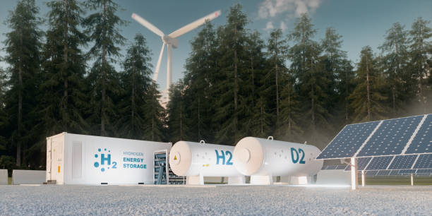 Concept of hydrogen energy storage from renewable sources - wind turbines and photovoltaics. 3d rendering Concept of hydrogen energy storage from renewable sources - wind turbines and photovoltaics. 3d rendering hydrogen stock pictures, royalty-free photos & images