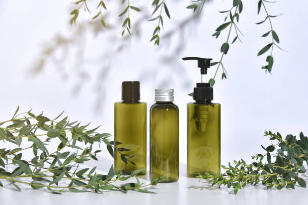 istock Cosmetic bottle containers packaging with green herbal leaves in shadow and light effect, Blank label for organic branding mock-up, Natural skincare beauty product concept. 1197862899
