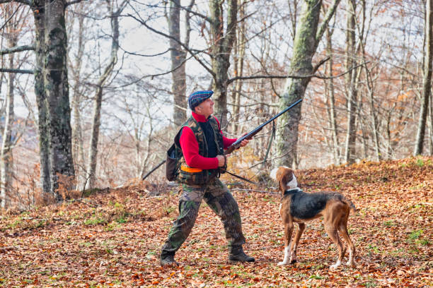 istock Hunter and hunting dog chasing in the forest 1197863656