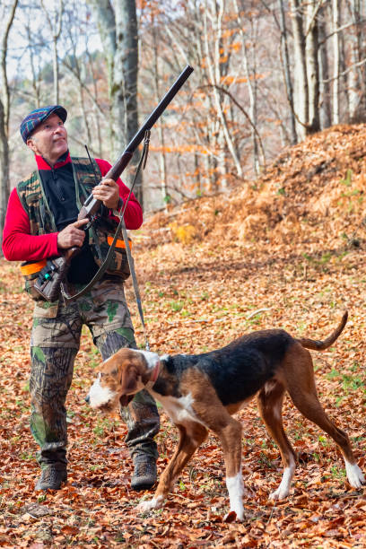 istock Hunter and hunting dog chasing in the forest 1197864237