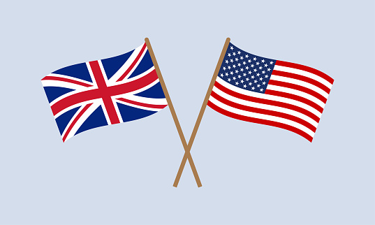 UK and US crossed flags on stick. American and British national symbol. Vector illustration.