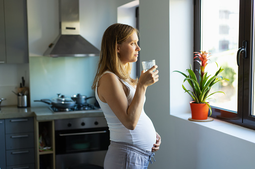 Side of pensive expectant mother standing in kitchen with glass of water, looking through window. Pregnant young woman spending leisure time at home. Hydration and prenatal care concept