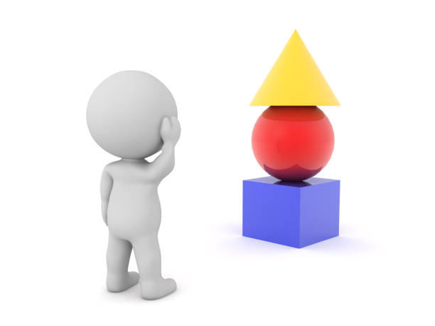 istock 3D Character looking curious at colorful geometric shapes 1197869150