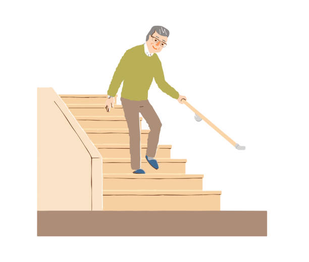 手すりをつかみながら階段を降りる先輩男性 - moving down illustrations点のイラスト素材／クリップアート素材／マンガ素材／アイコン素材