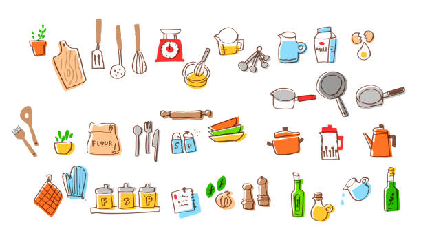 A collection of various cooking utensils and seasonings house, lifestyle mixing bowl icon stock illustrations