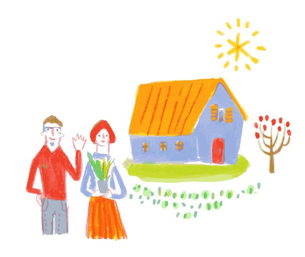 illustrations, cliparts, dessins animés et icônes de jeunes couples devant la maison - model home house home interior roof