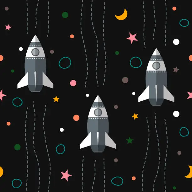 Vector illustration of Seamless colorful space pattern background with planets, rockets and stars
