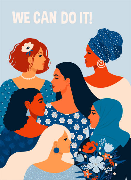 우리는 그것을 할 수 있습니다. 포스터 세계 여성의 날. 여성 다른 국적과 문화와 벡터 그림 - 낮 일러스트 stock illustrations