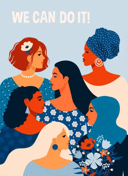 Vector illustration of We can do it. Poster International Women's Day. Vector illustration with women different nationalities and cultures