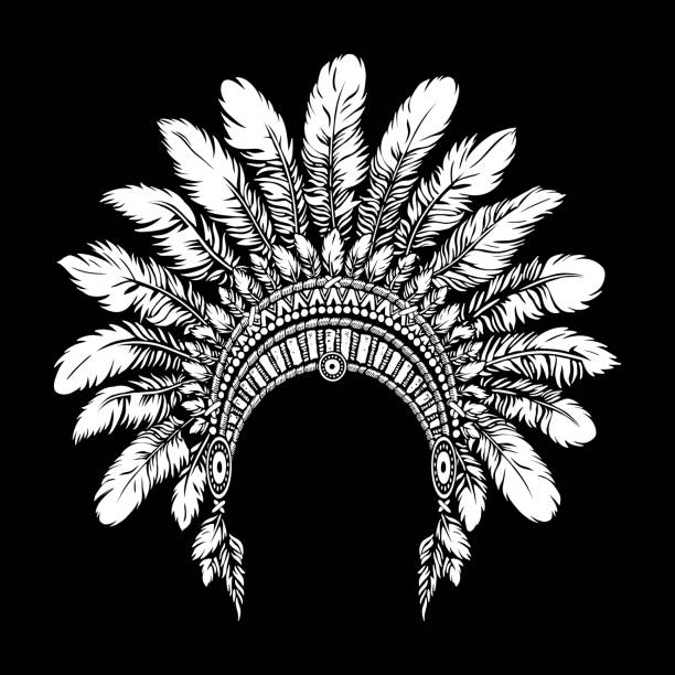 ilustraciones, imágenes clip art, dibujos animados e iconos de stock de ilustración de plumas indias sombrero tradicional. la mano del jefe tribal nativo americano dibujado a mano - headdress
