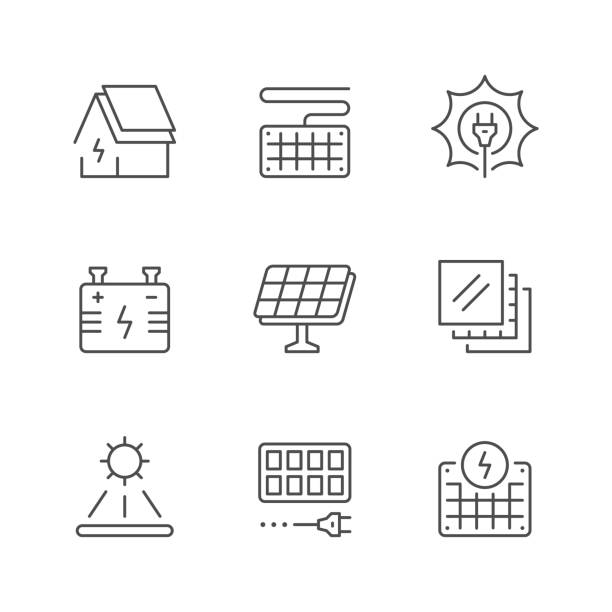 ustawianie ikon linii paneli słonecznych - solar panel solar power station solar energy solar equipment stock illustrations