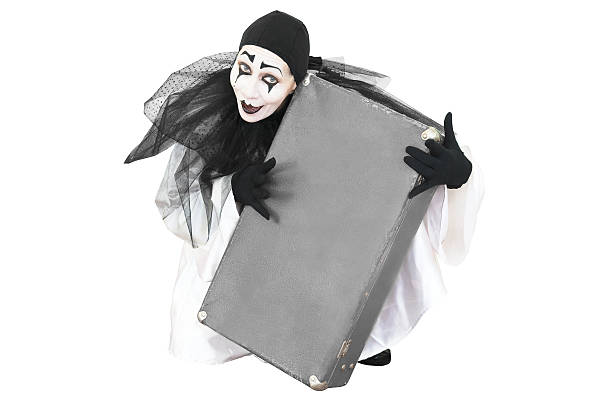 pierrot sitting with suitcase in hands isolated stock photo