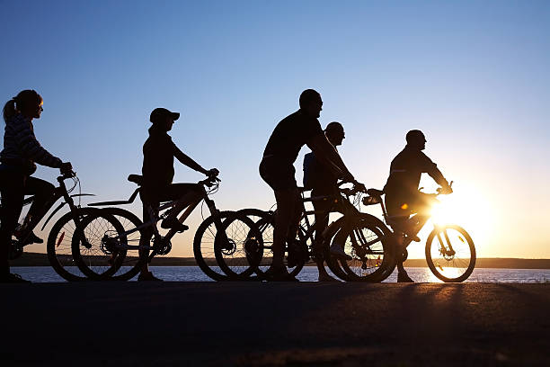 group on bicycles stock photo