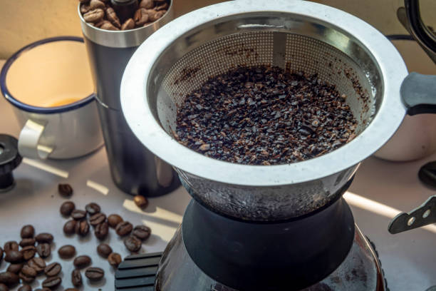 istock coffee Powder on roasted coffee ground with filter. Top view. 1197883478