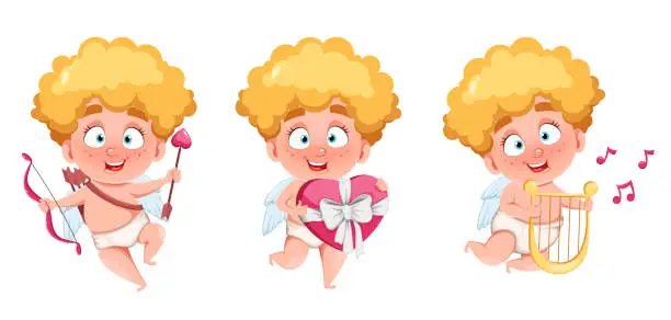 Vector illustration of Happy Valentine's Day. Funny Cupid kid