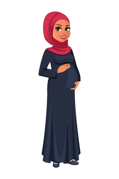 Beautiful pregnant Muslim woman in hijab Beautiful pregnant Muslim woman in hijab. Cute Arab lady prepares to be a mother. Muslin girl cartoon character. Vector illustration on white background muslim cartoon stock illustrations