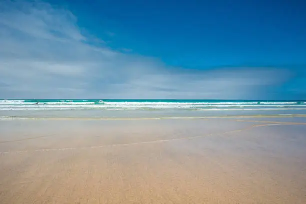 Yellow sands of Great Western beach in Newquay on the north Cornish Coast. England. UK.