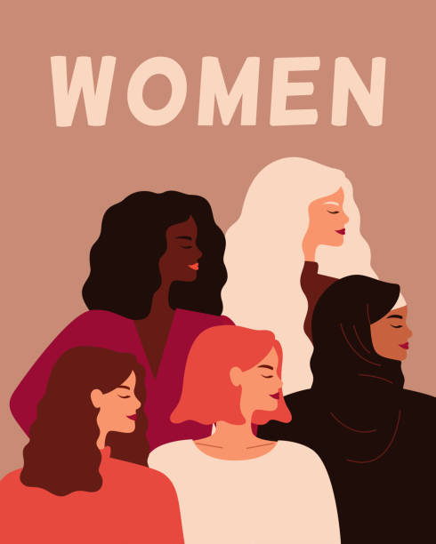 Five Young strong women stand together. Five Young strong women stand together. Concept of women empowerment, self-acceptance, and gender equality. Vector flat illustration courage illustrations stock illustrations