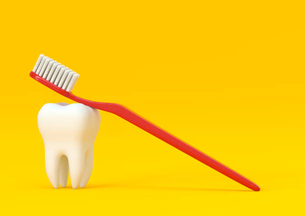Toothbrush and white tooth on a yellow background. Concept of dental examination teeth, dental health and hygiene. 3d rendering illustration