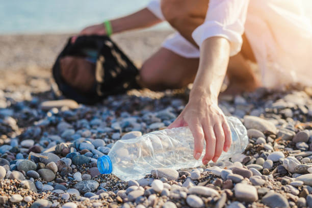 istock Woman collecting plastic trash bottles on beach. Earth pollution concept. 1197890649