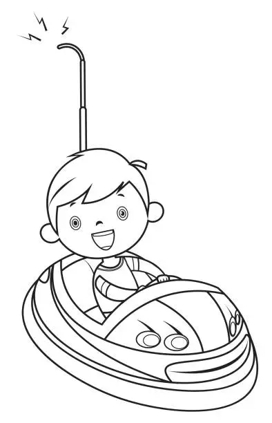 Vector illustration of Coloring Book, Little boy riding a bumper car